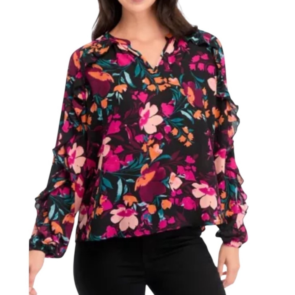 NEW Wonderly Women's 1X Ruffle Printed Peasant Top Dark Romantic Feminine